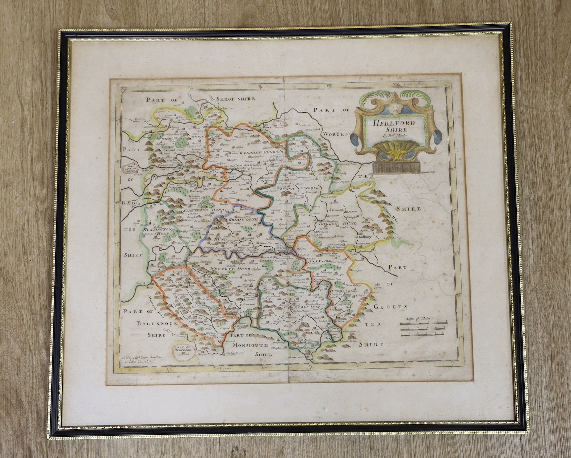 Robert Morden, coloured engraving, Map of Herefordshire, 38 x 44cm